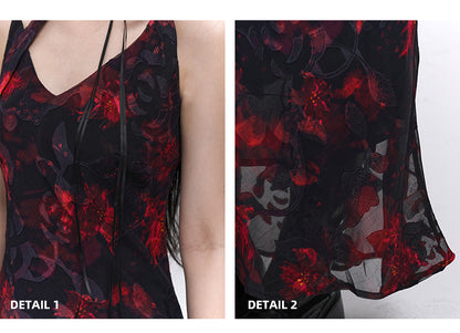 Floral Length Red and Black V-Neck Ankle Slip Dress