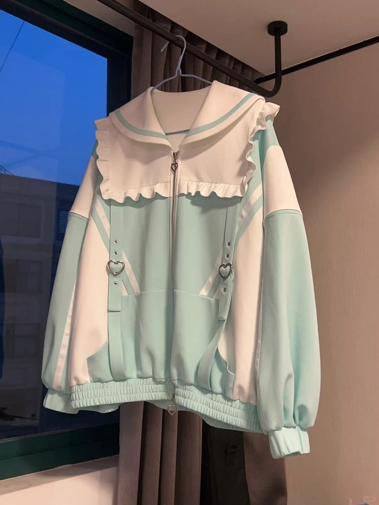 Collar Zip Sweatshrit WhiteGreen Kei Closure Jirai Jacket Sailor
