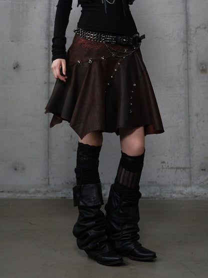 Asymmetrical Skirt Punk Reddish with Embroidery Wasteland Hem Brown Floral Suede