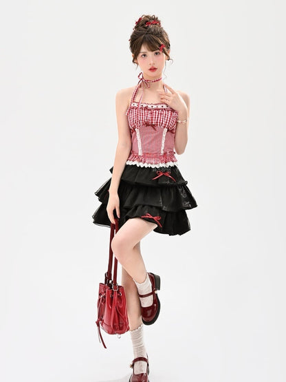 Summer Lace Trim Red  White Plaid Halter Neck Top Holiday