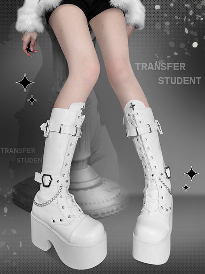 Coffin Buckle Straps Cross Decorated Gothic Lolita White Platform Boots