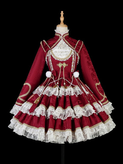 Red New Year Lolita Outfit Bows Waist Tiered Hem Lolita Bolero