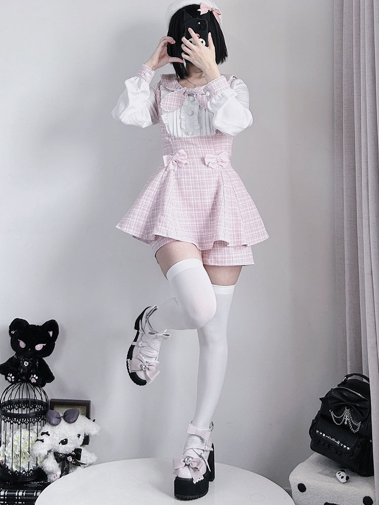 Kei Design Sleeves Top Plaid Outfit-Pleating + Details Jirai Bowknot Shorts Pink Long
