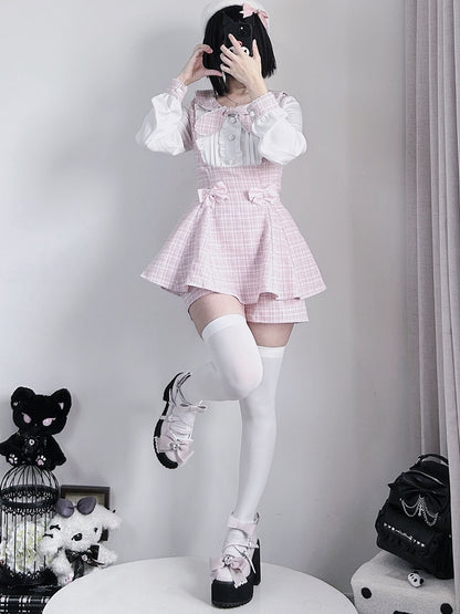 Kei Design Sleeves Top Plaid Outfit-Pleating + Details Jirai Bowknot Shorts Pink Long