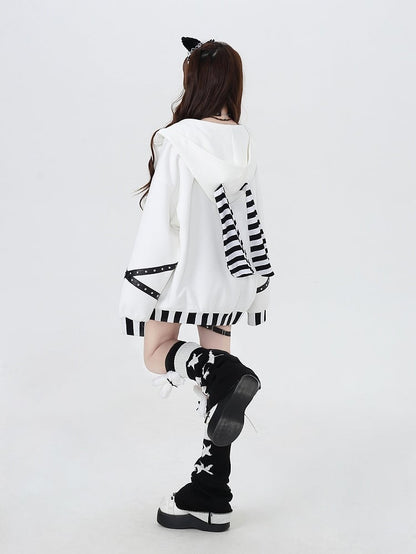 Black White Striped Bunny Ear Zip Hoodie