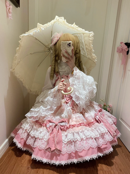 Rock und süßes Lolita-Kleid mit Perlen, abnehmbare Details, rosa gestufte Schleifen
