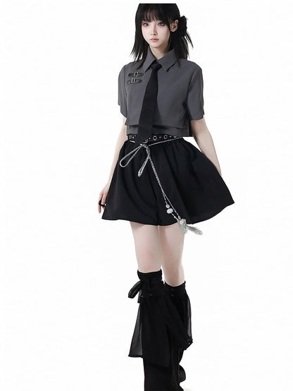 Belt Black Cheongsam Tassel Style Shorts with Buckle Belt and