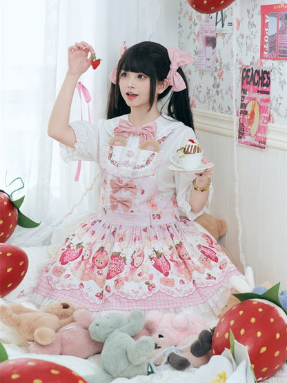 Pink Strawberry Bear Sweet Lolita Dress Cottagecore Country Jumper Skirt