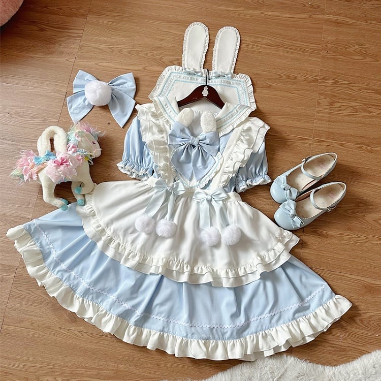 White Maid Sailor Blue Dress Sleeves Apron Ears Lolita Short Collar with Bunny