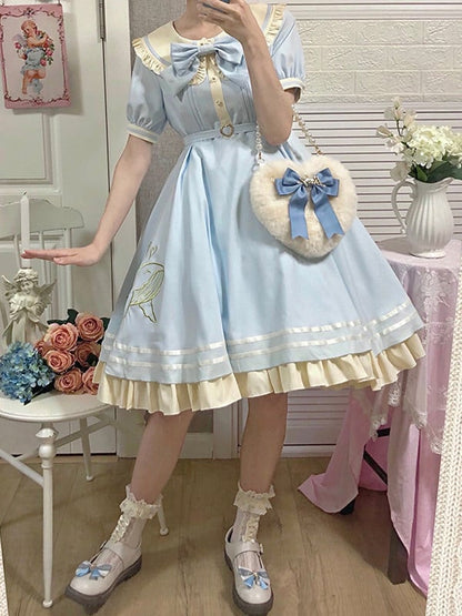 Plus Size Friendly Light Blue Sweet Dress Whale Peter Pan Collar