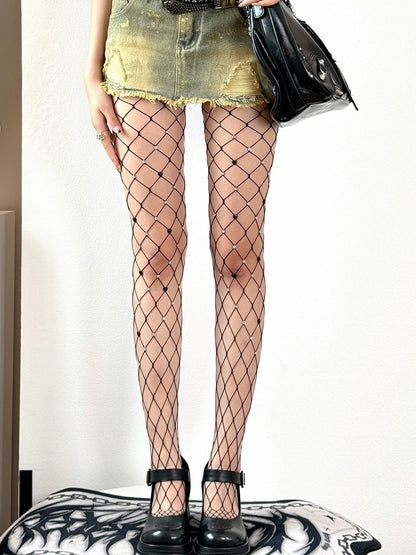 Red/Black Tights Fishnet Decorated Y2K Rhinestone Design