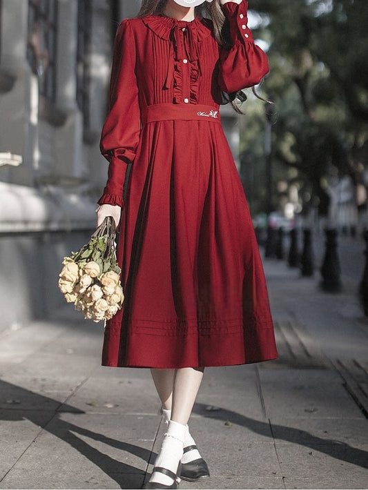 Rüschen Vintage Rot Bischof Ausschnitt Wein Kleid Ärmel