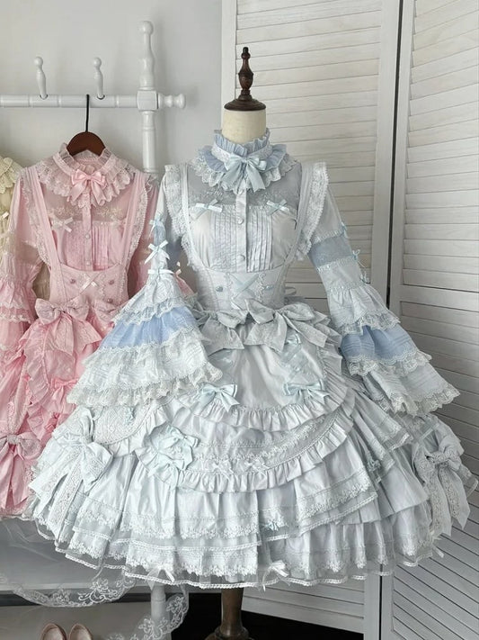 Dress Bust Hem Ruffle Sweet Accents Bow Lolita Layered with Blue Under