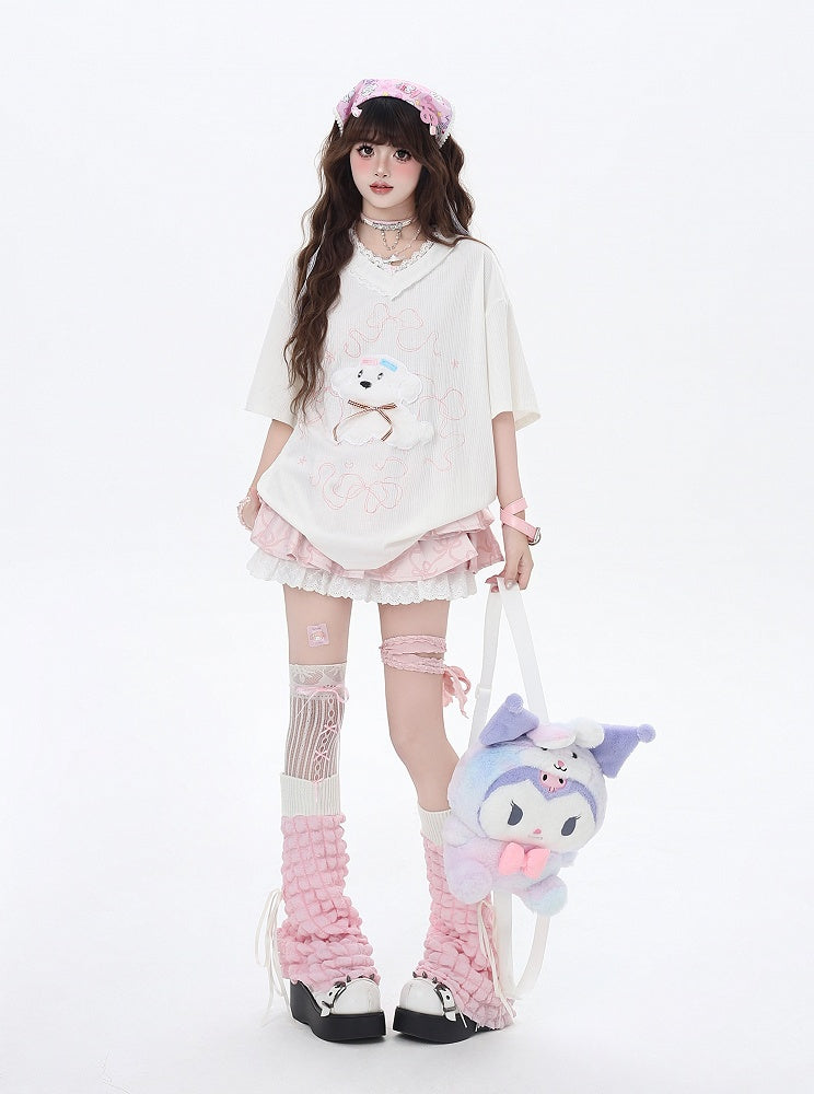 V-Neck Plush Puppy Applique Trim Loose T-Shirt Beige/Light Blue Lace