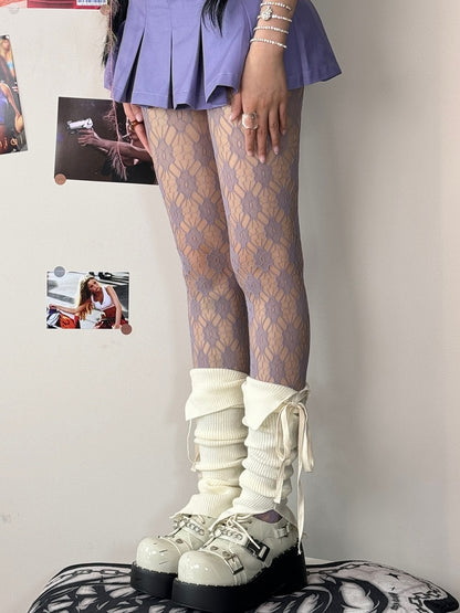Tights Floral Pattern White/Purple Sweet Lolita