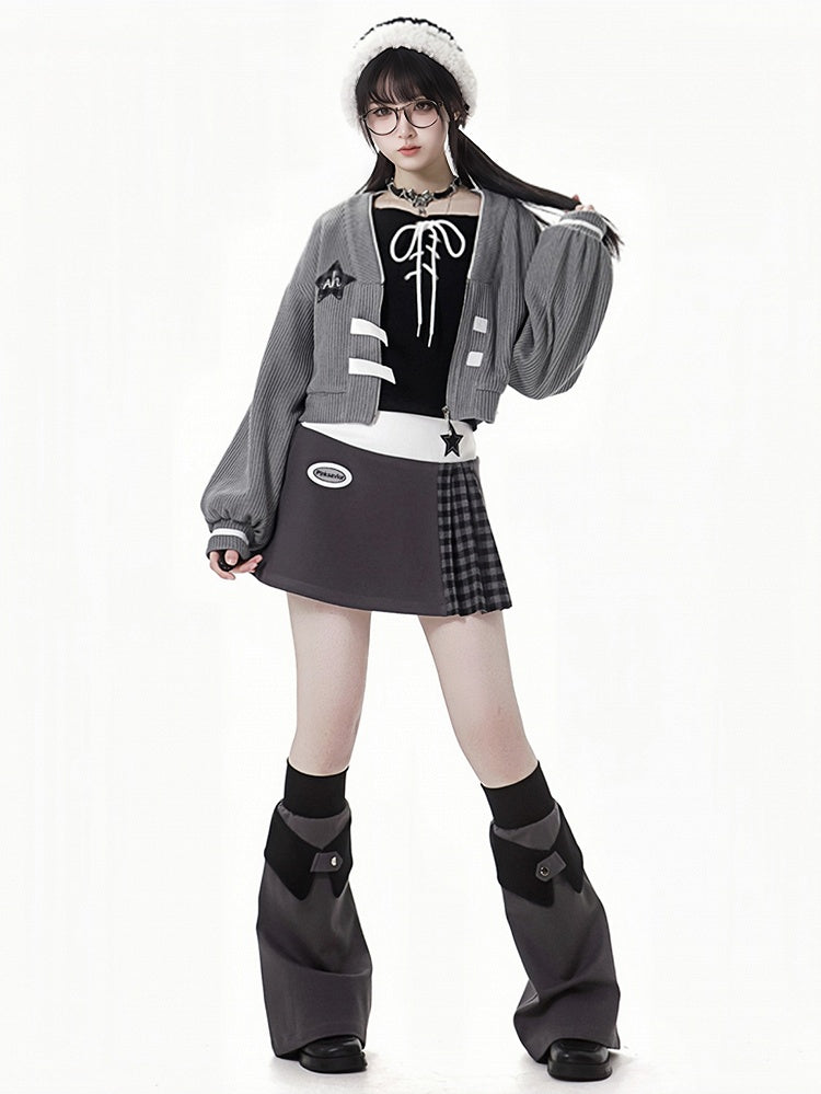 Grey Star Decorated Zip Closure Knitted Cardigan