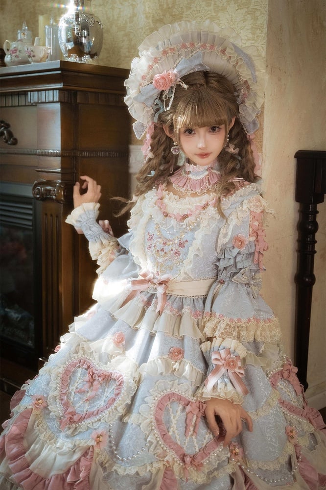 Light Gray Hanayome Rosette Embroidery Floral and Bead Chain Details Lolita OP Full Set