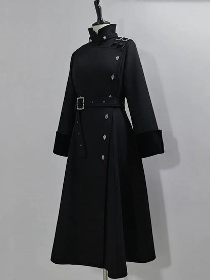 Black Ouji Lolita Stand Collar High Neck Woolen Coat