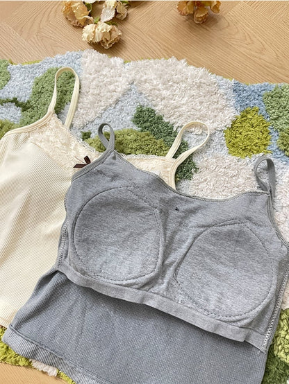 Apricot Gray Lace Trim Bowknot Cami Top