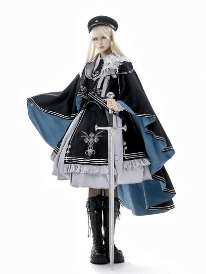 Shirt + Lolita Waistcoat Sleeves Set- Black Long Gray And Skirt Military