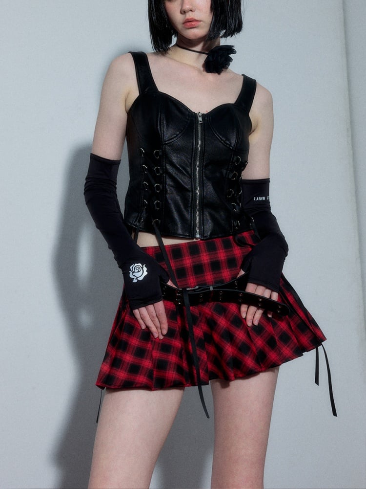 Punk Rock Red and Black Plaid Pleated Skirt