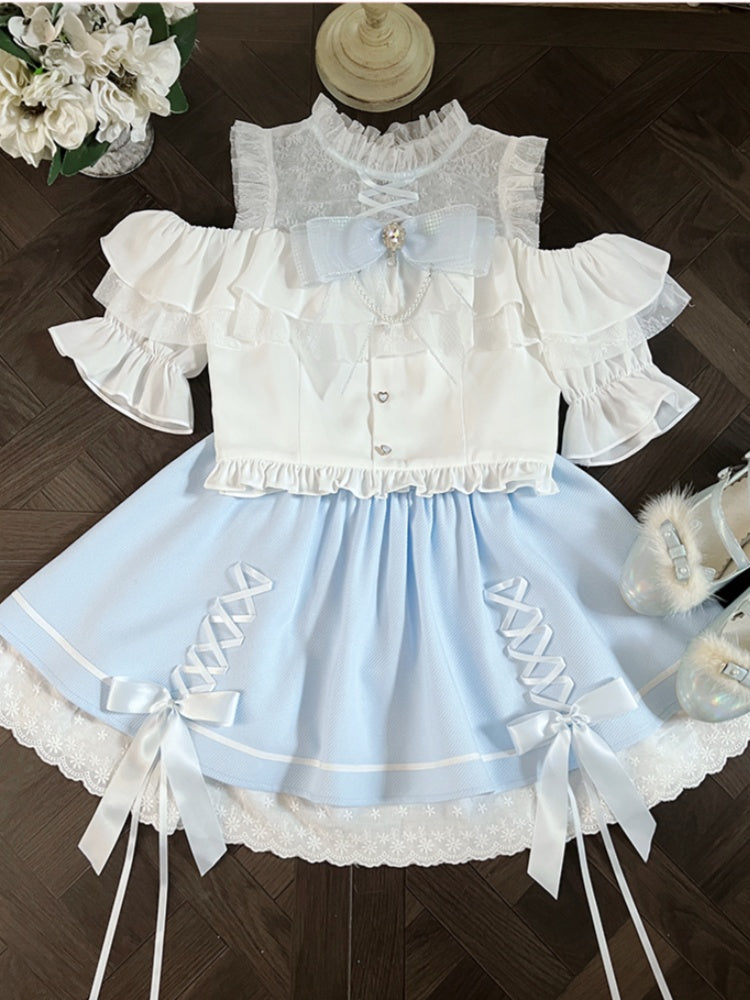 Illusion Skirt Shoulder Blue Criss-cross Open White Design Top+ Neckline Kei Set Jirai