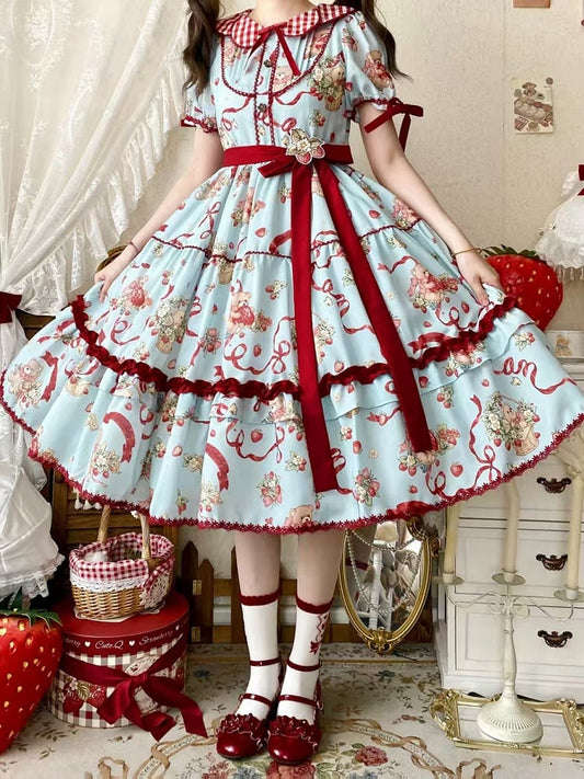 Strawberry Teddy Sleeves Short and Print Blue Lolita Dress