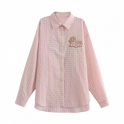 Pink Loose Plaid Shirt Adorable Bear Embroidery