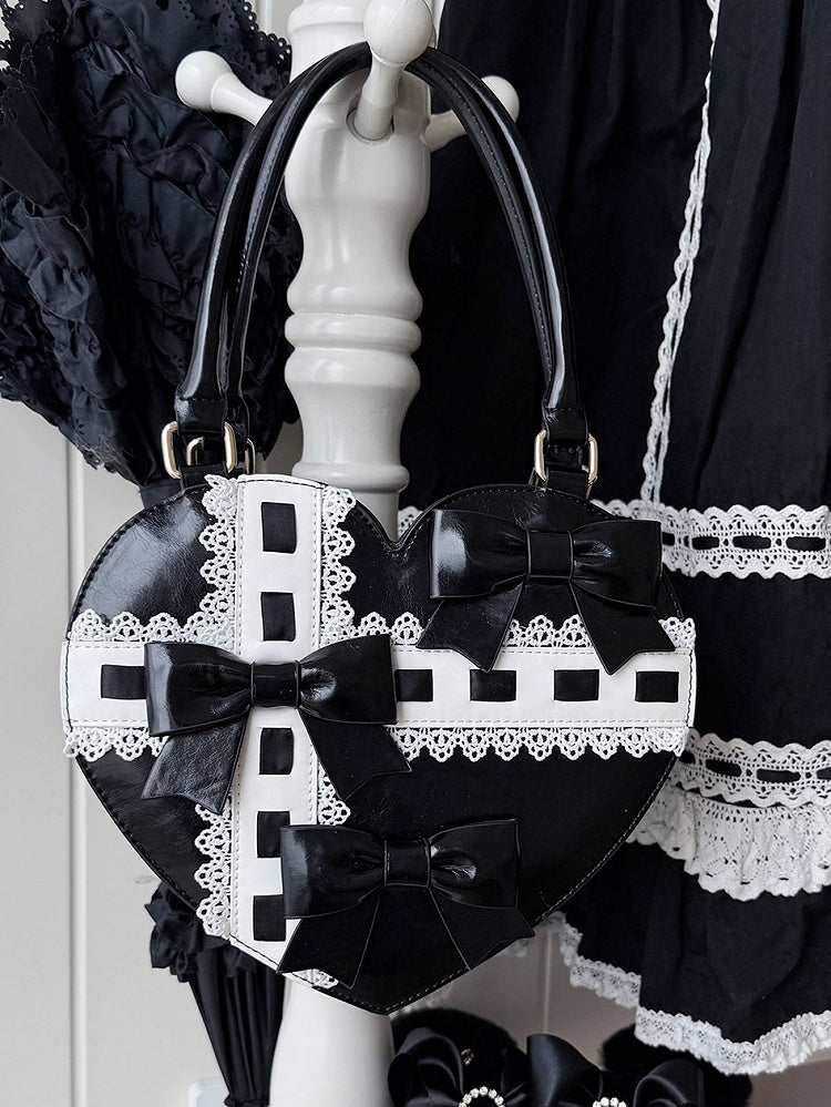PU Hem Bow Sweet Straps Heart-shaped Hand Accents Bag Black Scalloped - Lolita