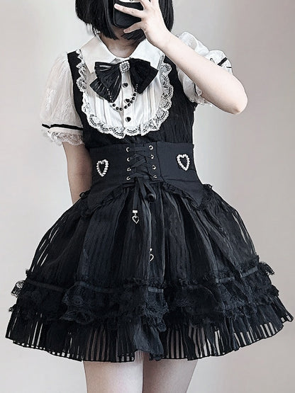 Belt Corset Stripes Skirt Waist Puffy Dress Layered Black Jirai Kei White and Lace-up with Three High