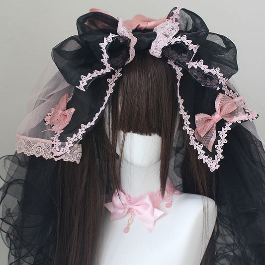 Nœud papillon noir et rose en dentelle KC avec voile