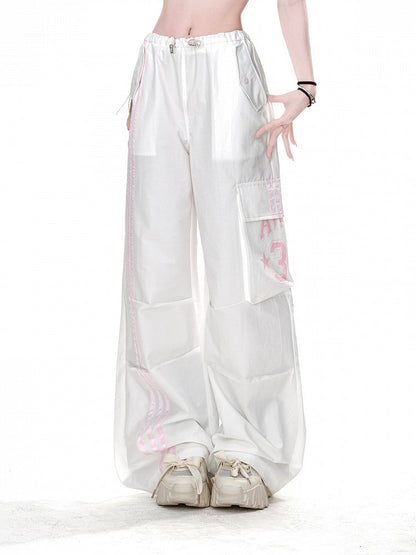 White Drawstring Waist Cargo Pockets Loose Straight-Leg Pants