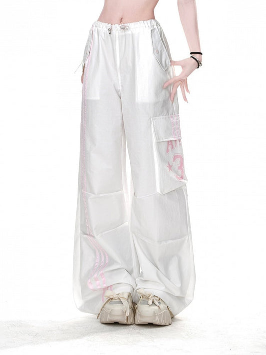 White Drawstring Waist Cargo Pockets Loose Straight-Leg Pants