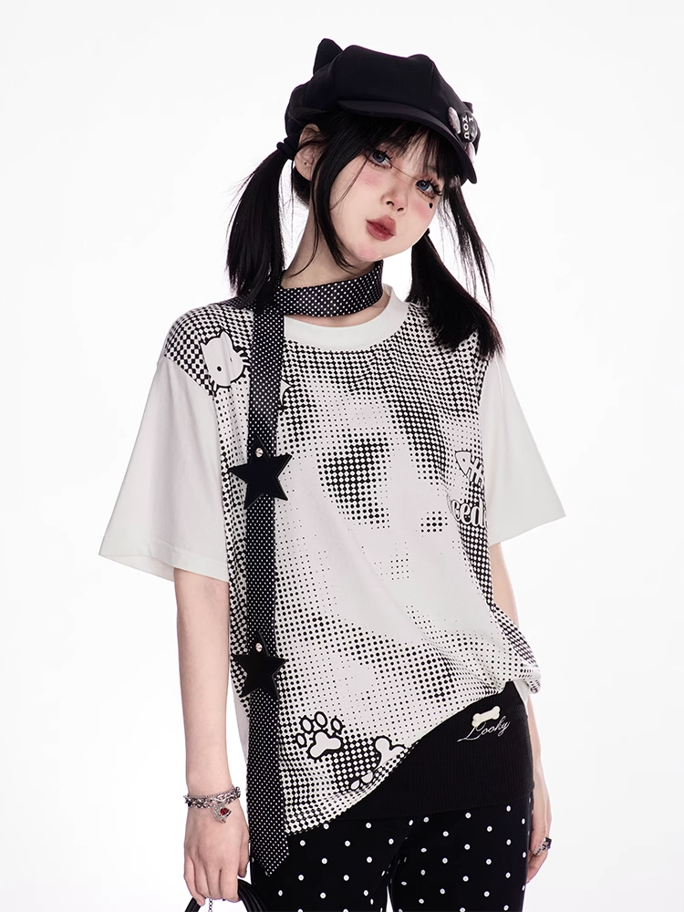 Dot T-shirt Entzückende Cartoon Druck Weiß Rundhals Polka