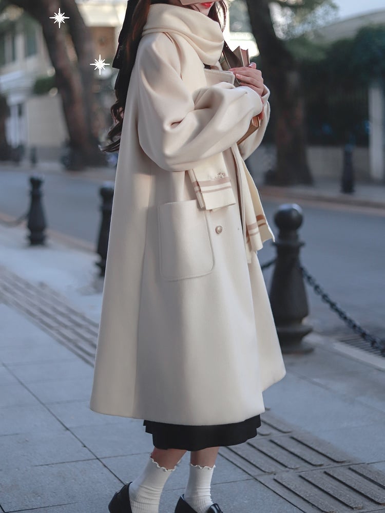 Double Breasted Design Notched Collar  with Long Woolen Coat White