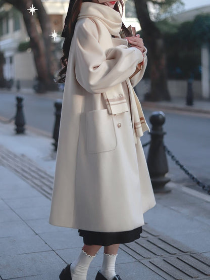 Double Breasted Design Notched Collar  with Long Woolen Coat White
