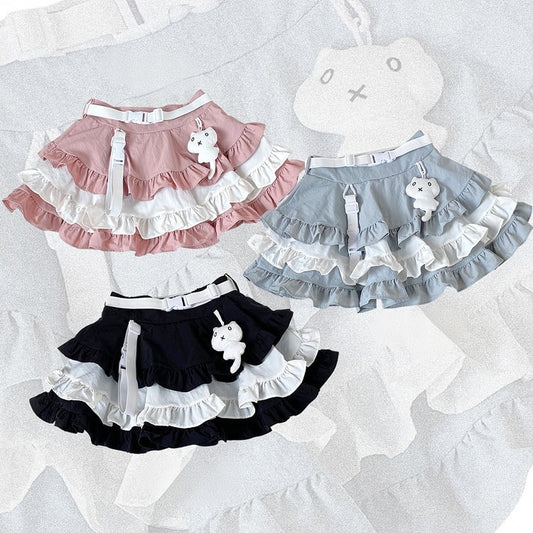 Blue Jirai Kei Techwear Cute Kitty Adorned Tiered Ruffles Skirt