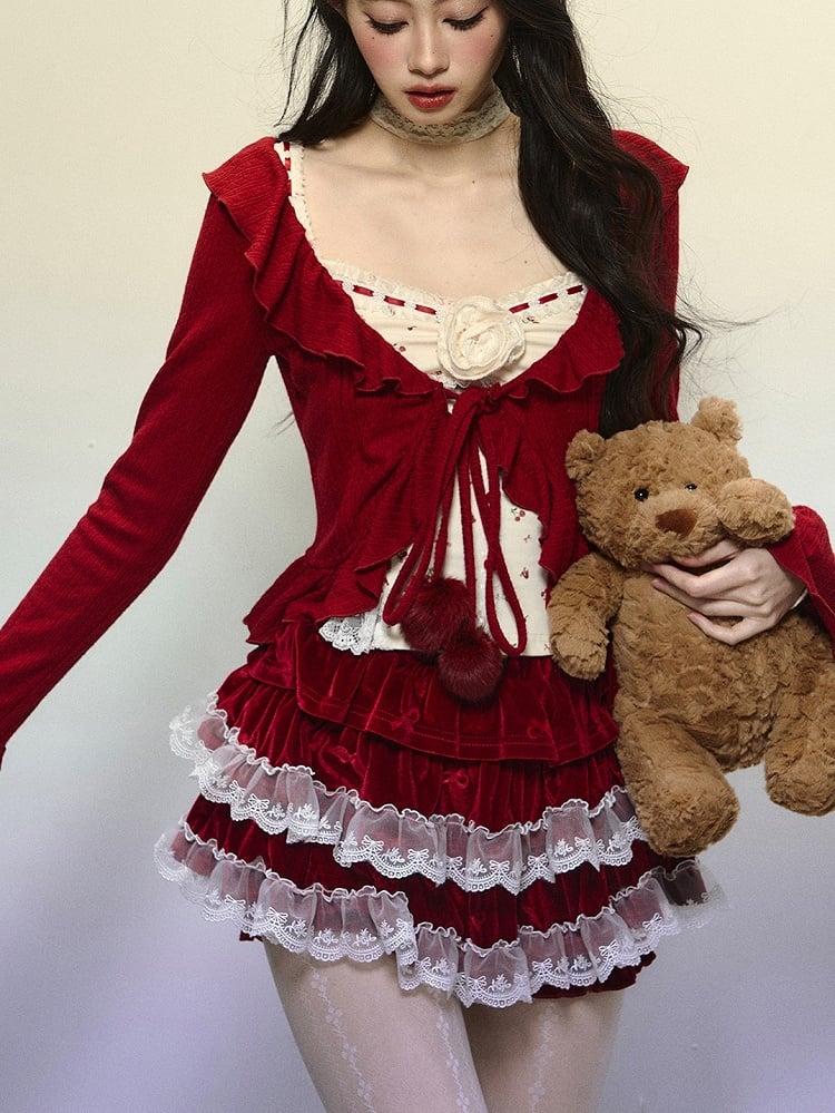 Red V-neck Self-tie Straps Cropped Cardigan Ruffle Trim