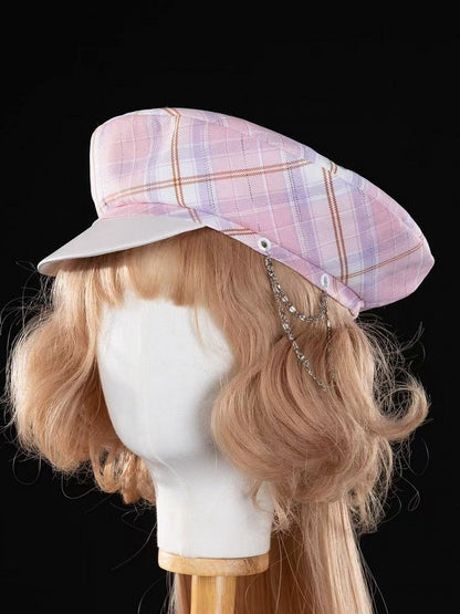 Beret Blue Pink Pattern Plaid Gold /