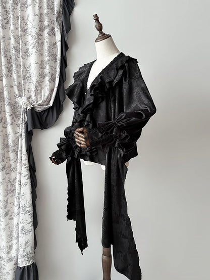 Black Structured Ruffles V-neck Gothic Lolita Long Sleeves Shirt