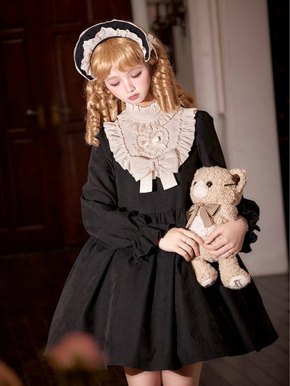 Robe Lolita beige à volants, taille haute, manches longues et ballon, version courte