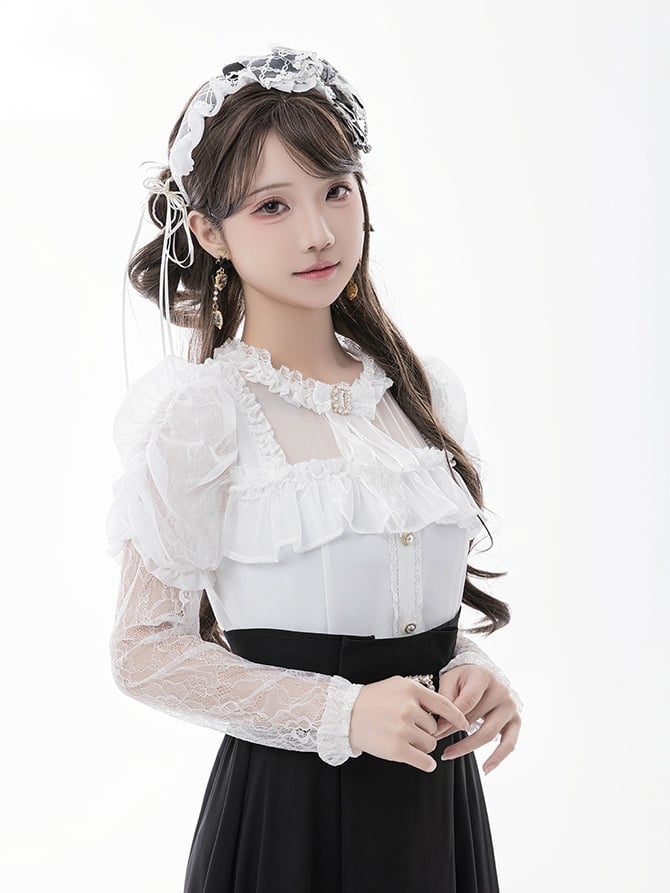 Blouse+Bow Tie White Illusion Neckline Juliette Sleeves Jirai Kei Lace