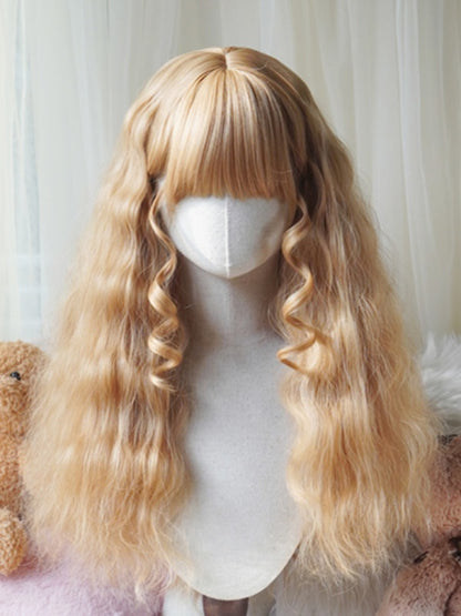 Perruque longue ondulée caramel/blond/orange/blond clair avec frange complète