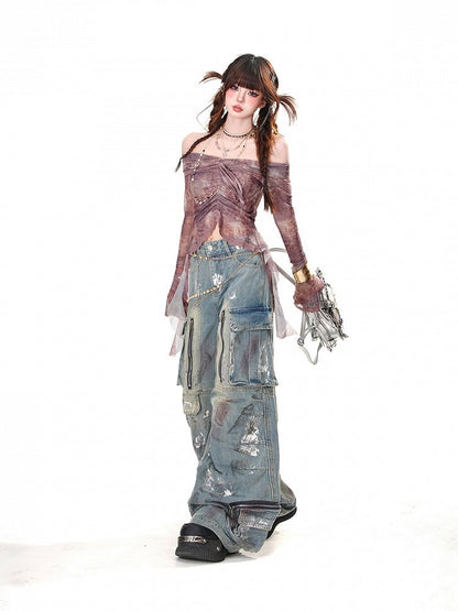 Purple/Gray Off-the-shoulder Neckline Drawstring Glamorous Top