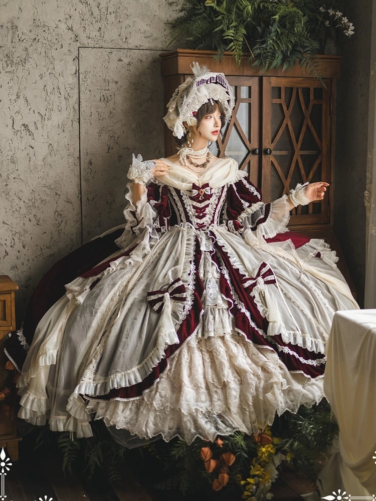 Hanayome Set Shimmering OP High-low and Velvet Lolita Gorgeous Full Dress White Red