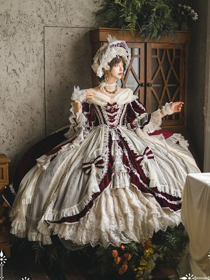 Hanayome Set Shimmering OP High-low and Velvet Lolita Gorgeous Full Dress White Red