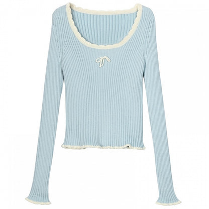Blue Bowknot Details Round Neck Slim-fit Knit Top