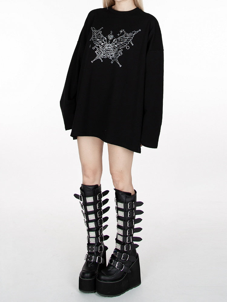 Black Rhinestone Butterfly Loose Sweatshirt