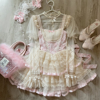 Waist Balletcore Print Bows Jumper Pink Skirt Basque Lolita
