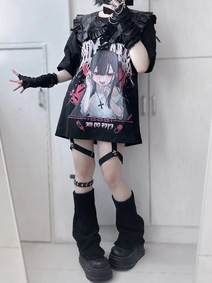 Jirai Kei Black Anime Girl Yami Kawaii T-shirt with Fake Collar Set